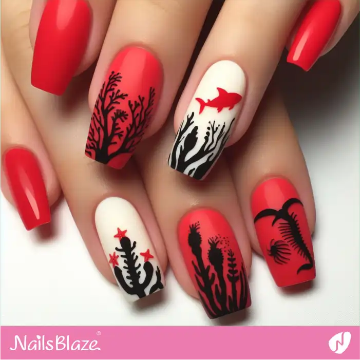 Red and White Silhouette Marine Life Nails | Save the Ocean Nails - NB2772